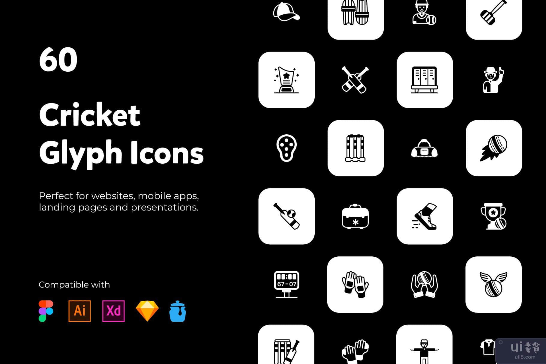 60 个板球设备字形图标(60 Cricket Equipment Glyph Icons)插图8