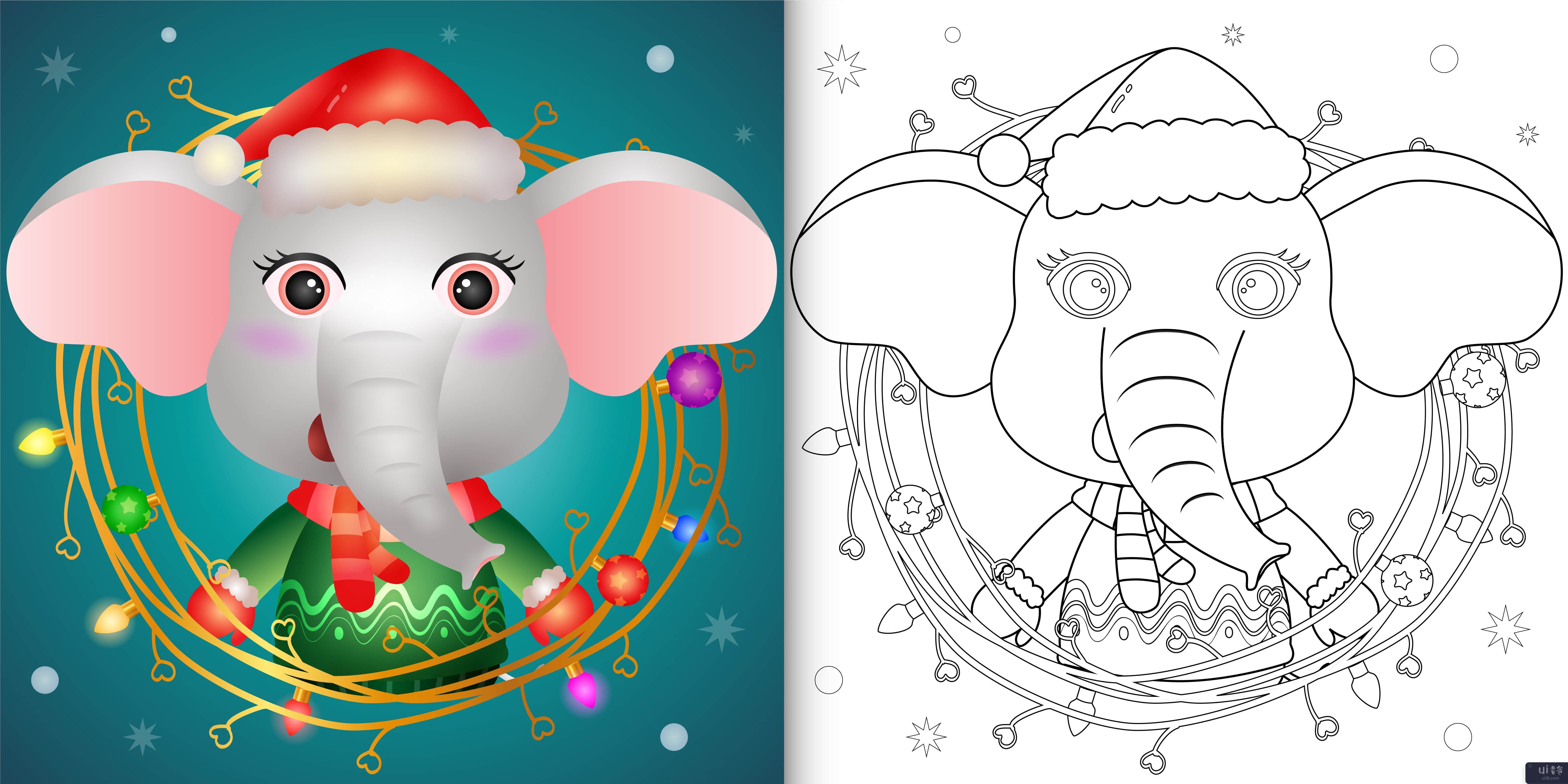 着色书与可爱的大象与树枝装饰圣诞节(coloring book with a cute elephant with twigs decoration christmas)插图2