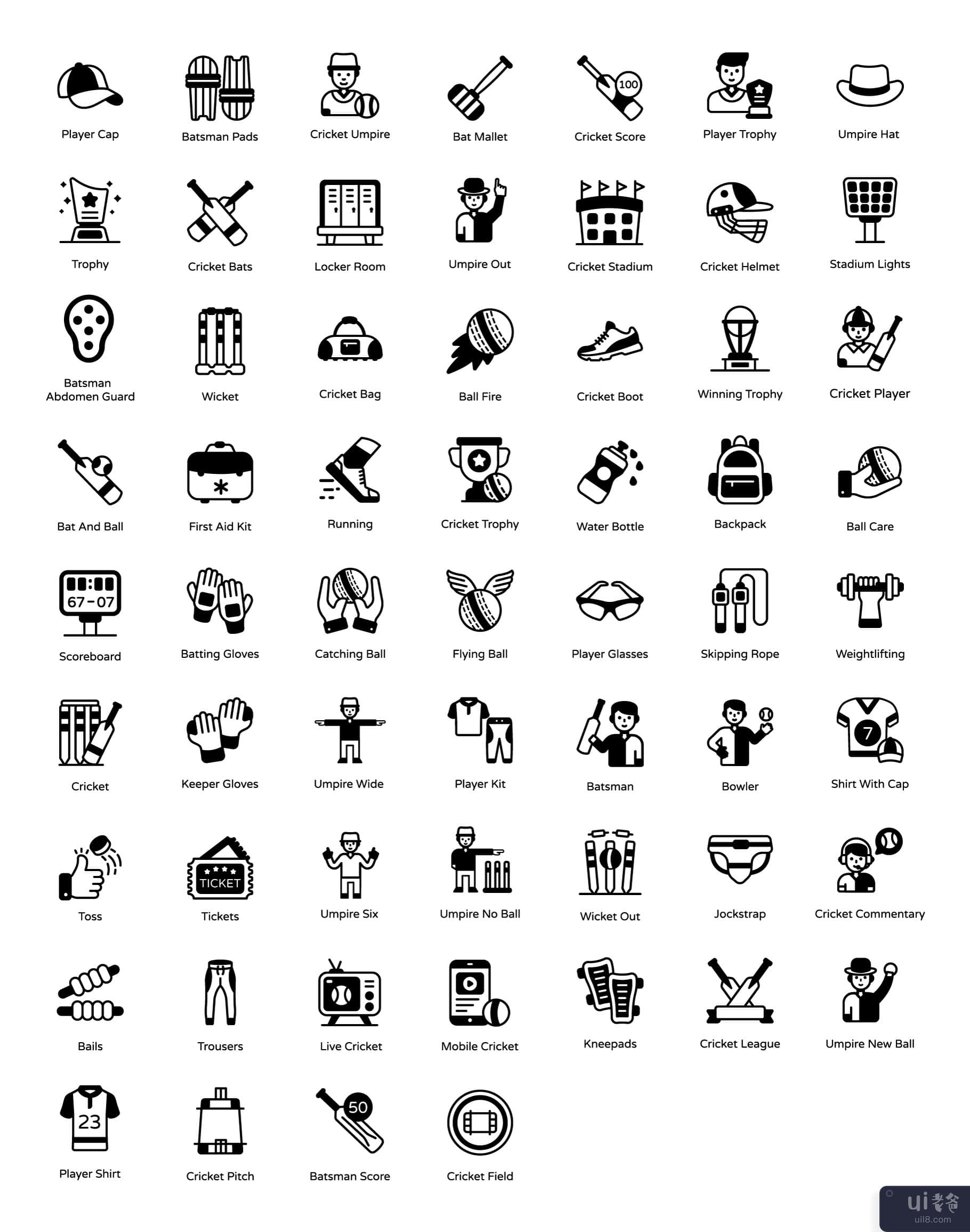 60 个板球设备字形图标(60 Cricket Equipment Glyph Icons)插图2