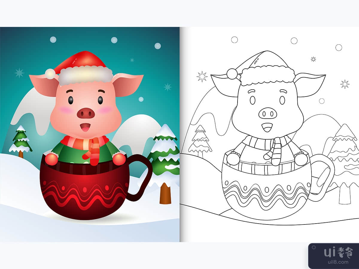 coloring book with a cute pig christmas characters in the cup