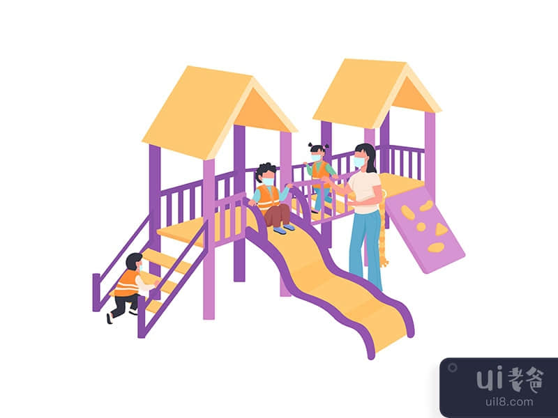 Children and babysitter in medical mask on playground flat color vector 