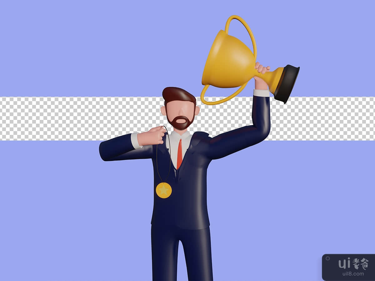 3d male character lifting the winning trophy. Psd Premium