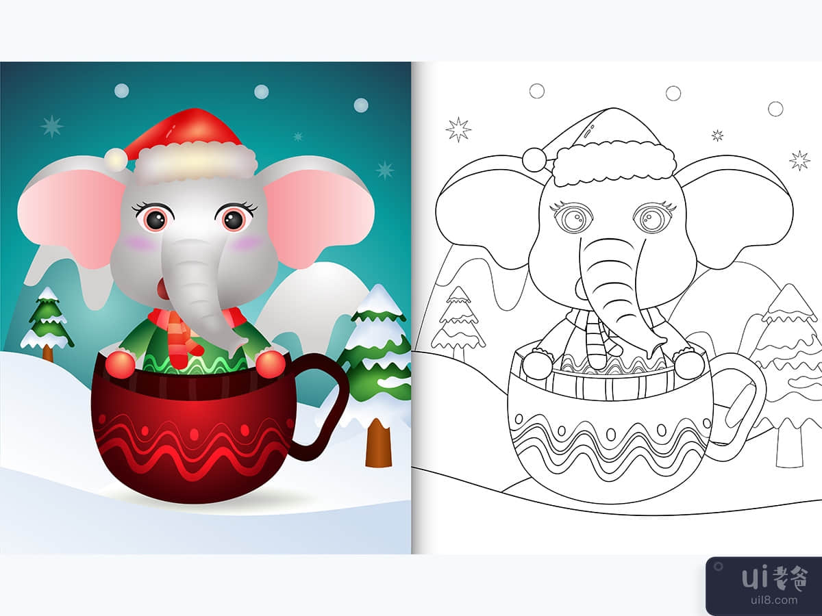 coloring book with a cute elephant christmas characters  in the cup