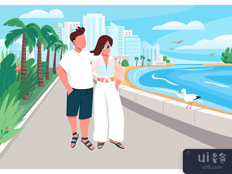 Couple in love walking along seafront flat color vector illustration