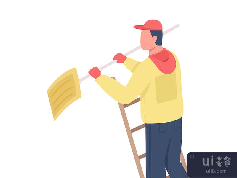 Cleaner with shovel on ladder semi flat color vector character