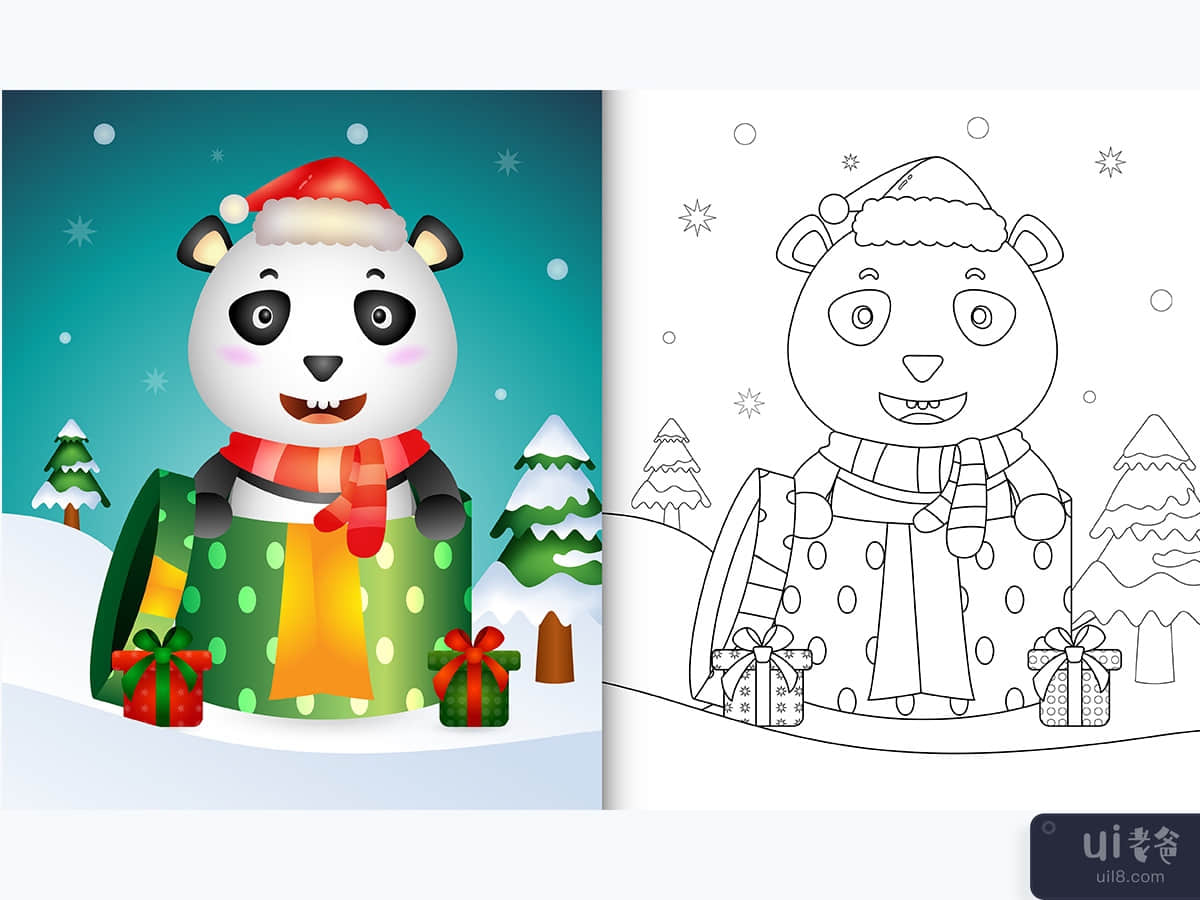 带有可爱熊猫圣诞节的图画书(coloring book with a cute panda christmas)插图2