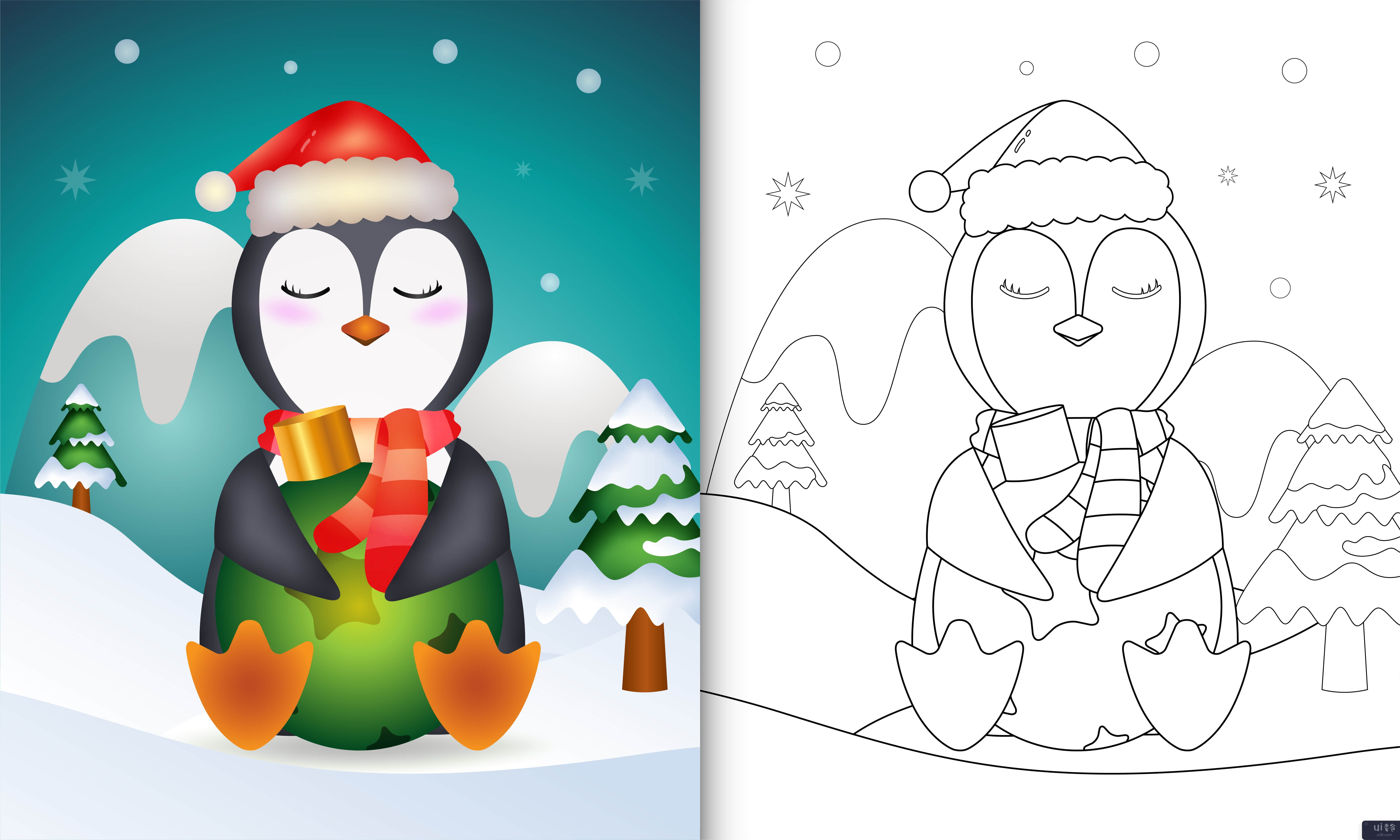 着色书与可爱的企鹅拥抱圣诞球(coloring book with a cute penguin hug christmas ball)插图2