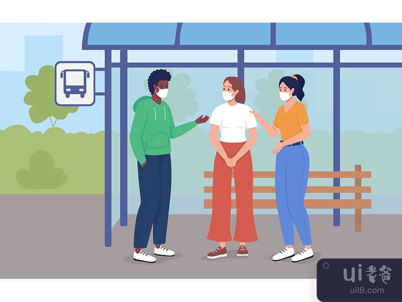 Bus stop during pandemic flat color vector illustration