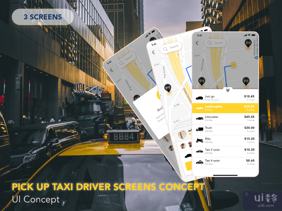 Book Taxi Flow concept screen for Taxi app