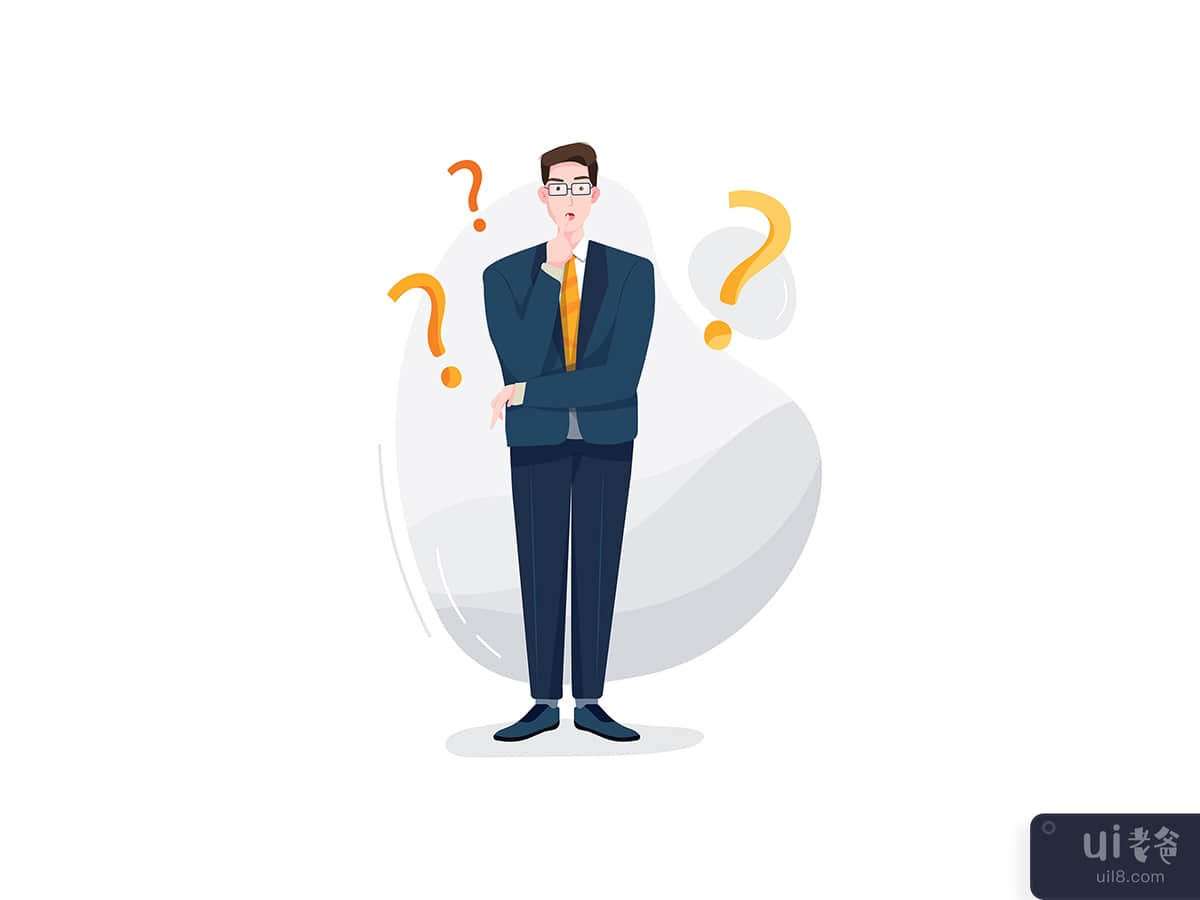 Confused businessman stands between question mark symbols