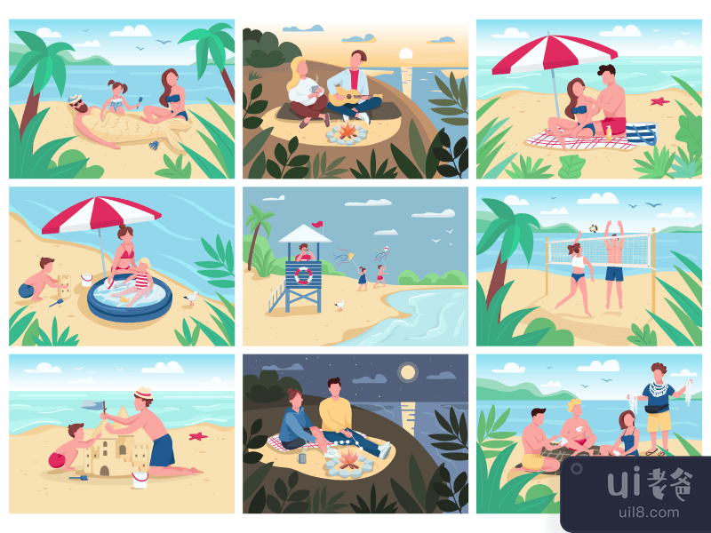 Beach activities flat color vector illustrations set
