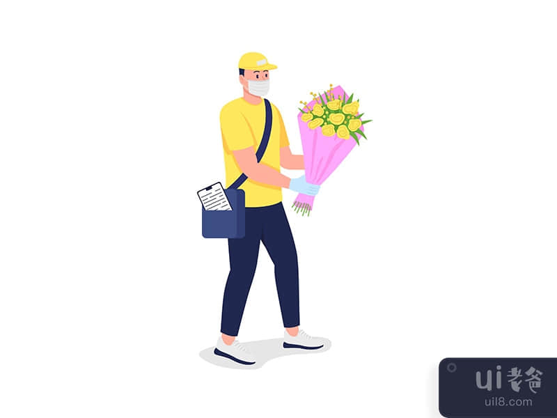 Caucasian delivery man with flowers in medical mask flat color vector 