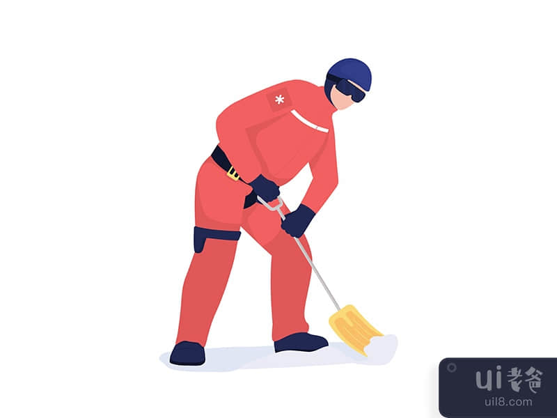 Avalanche first responder with shovel semi flat color vector character