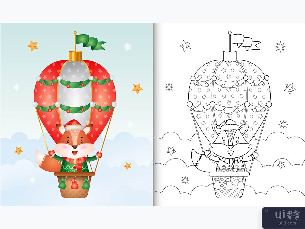 coloring book with a cute fox christmas characters on hot air balloon