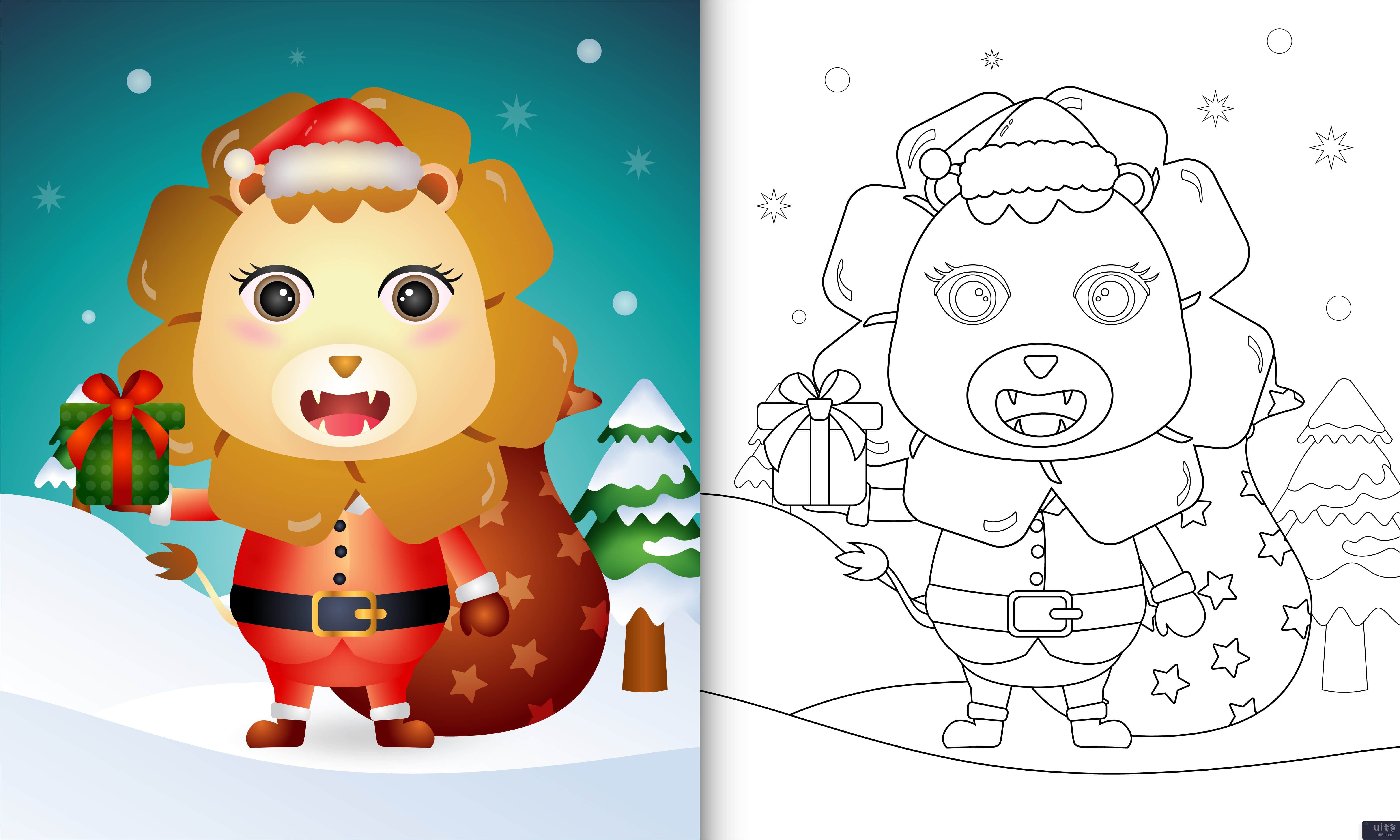 用圣诞老人服装为可爱的狮子着色书(coloring book with a cute lion using santa clause costume)插图2