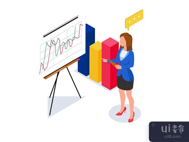 Businesswoman do presentation with 3d chart. Vector Illustration