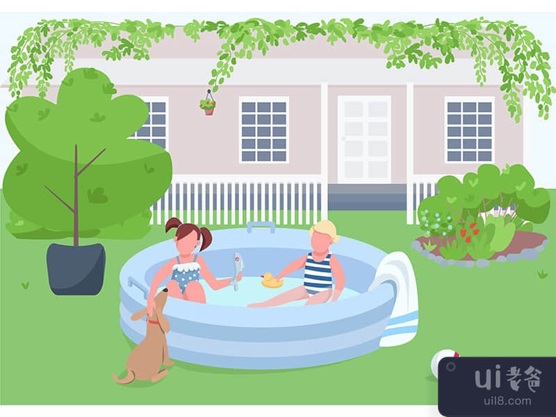 Children in pool flat color vector illustration