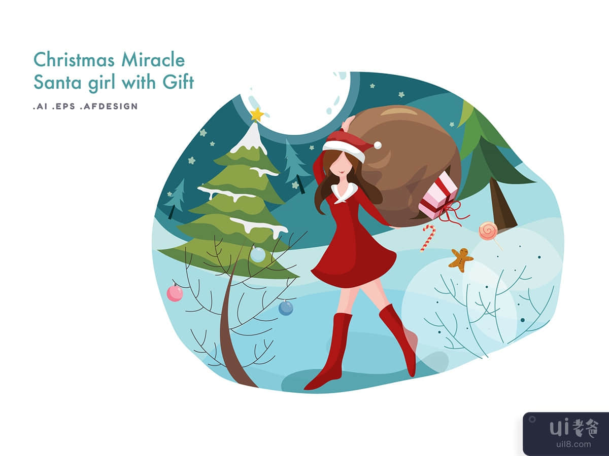 Christmas Miracle - Santa Girl with Gift Vector Illustration