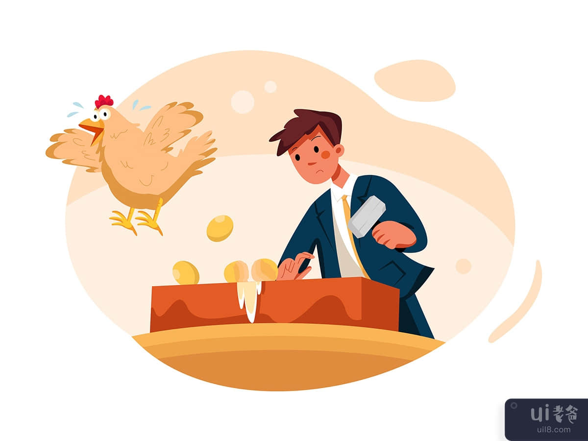 Businessman breaking golden egg and flying hen