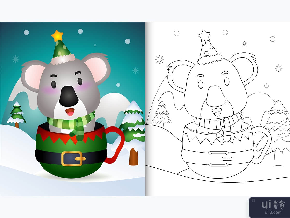 coloring book with a cute koala christmas characters in the elf cup