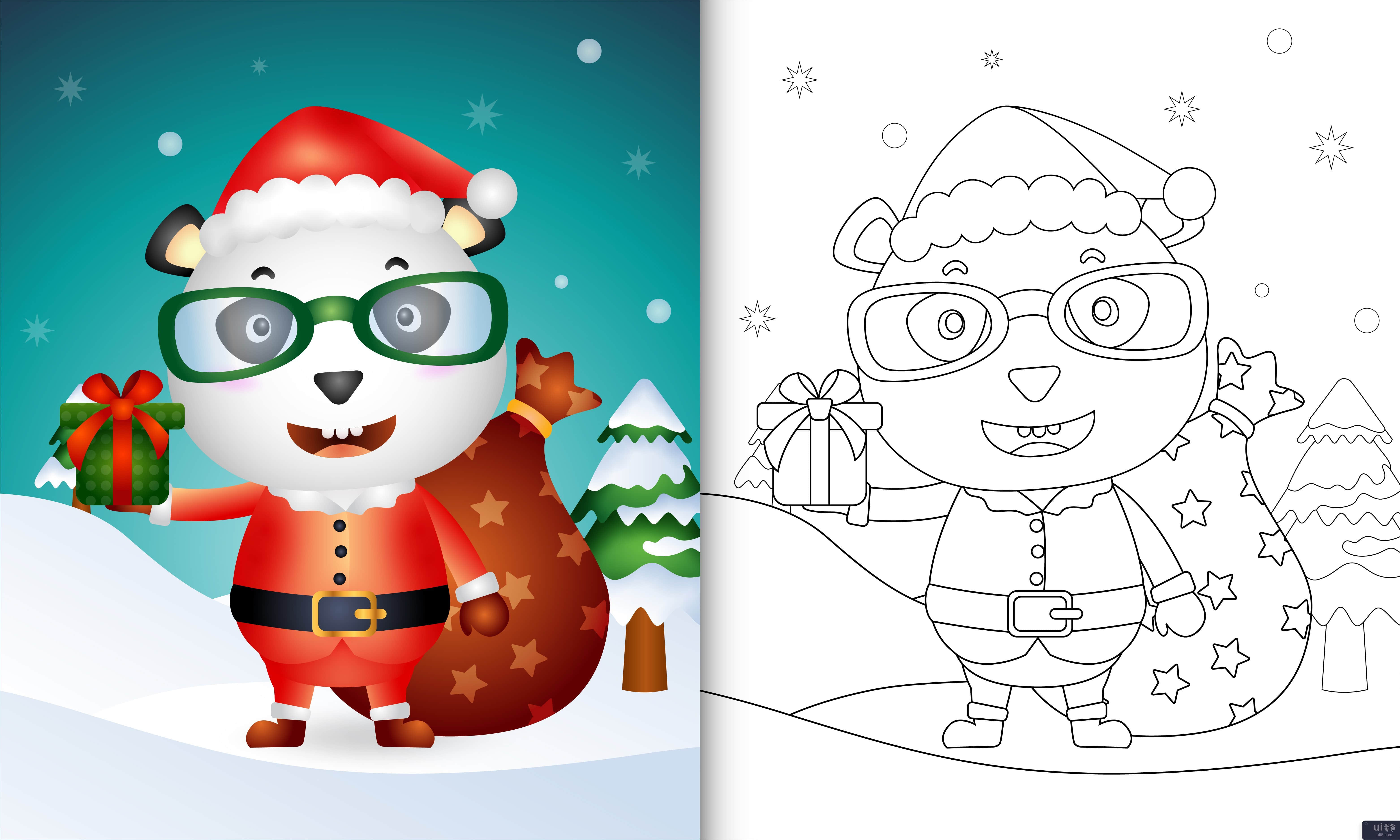 使用圣诞老人服装的可爱熊猫着色书(coloring book with a cute panda using santa clause costume)插图2