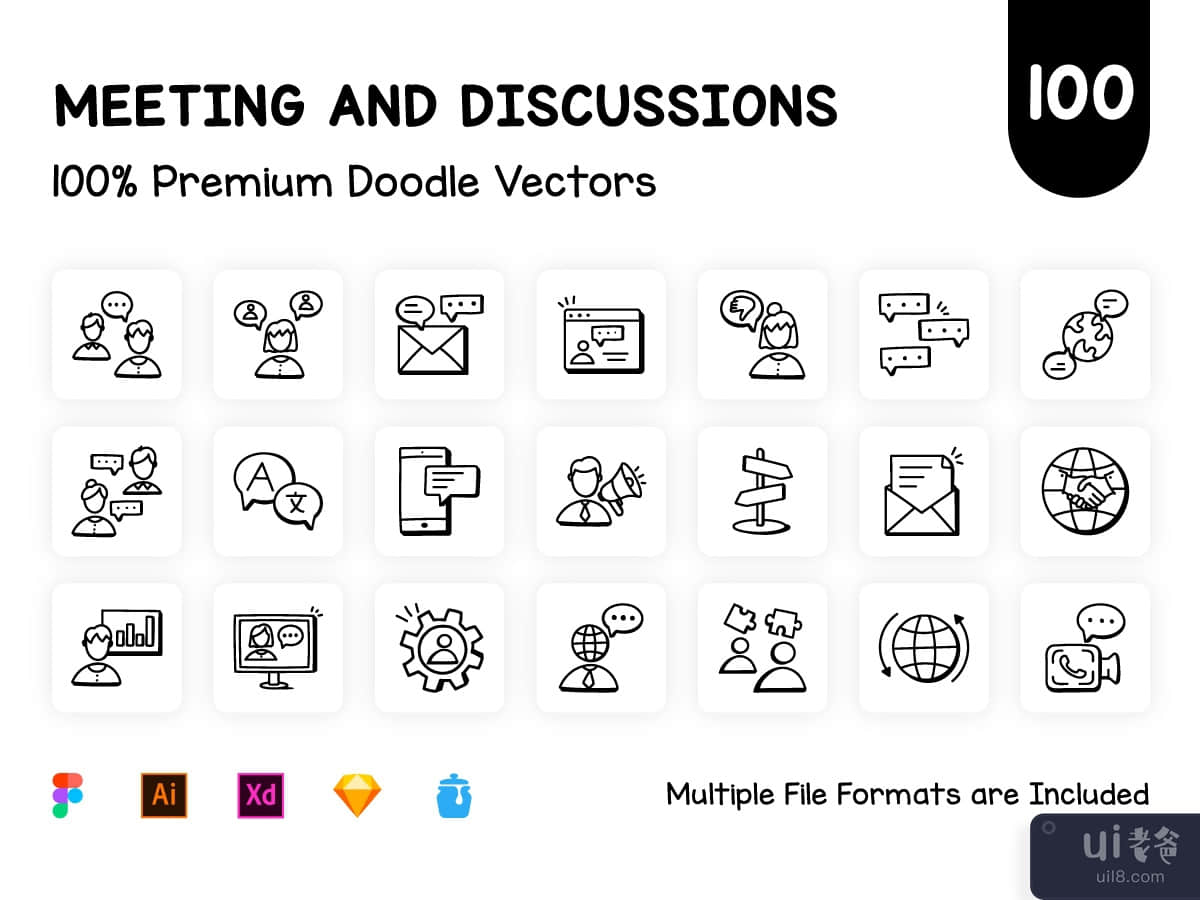 100 Doodle Discussion and Meeting Icons