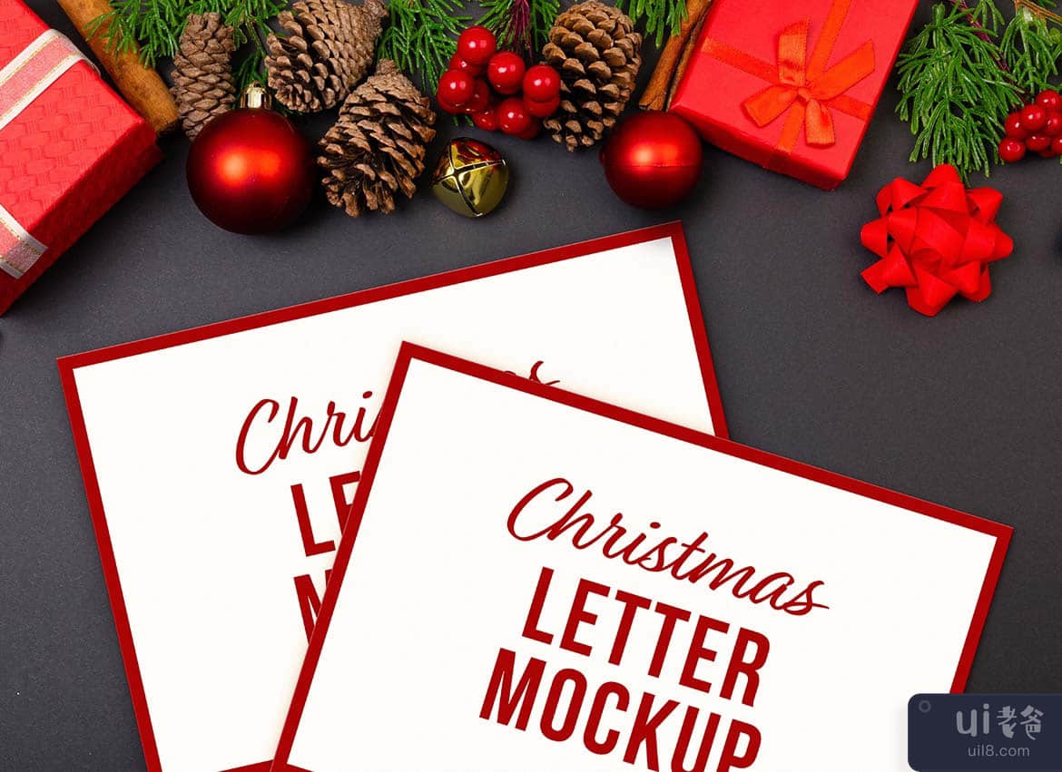 圣诞笔记本电脑、字母和框架样机(Christmas Laptop, Letter & Frame Mockup)插图4