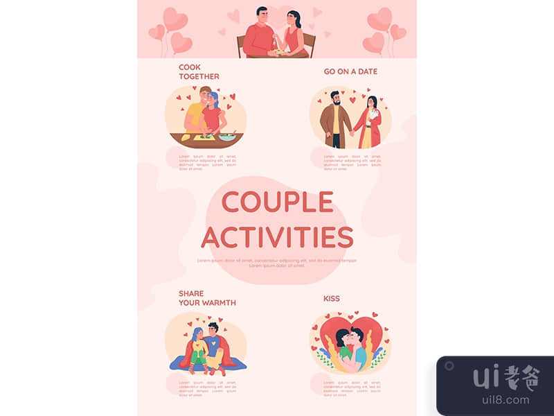 Couple activities flat color vector infographic template