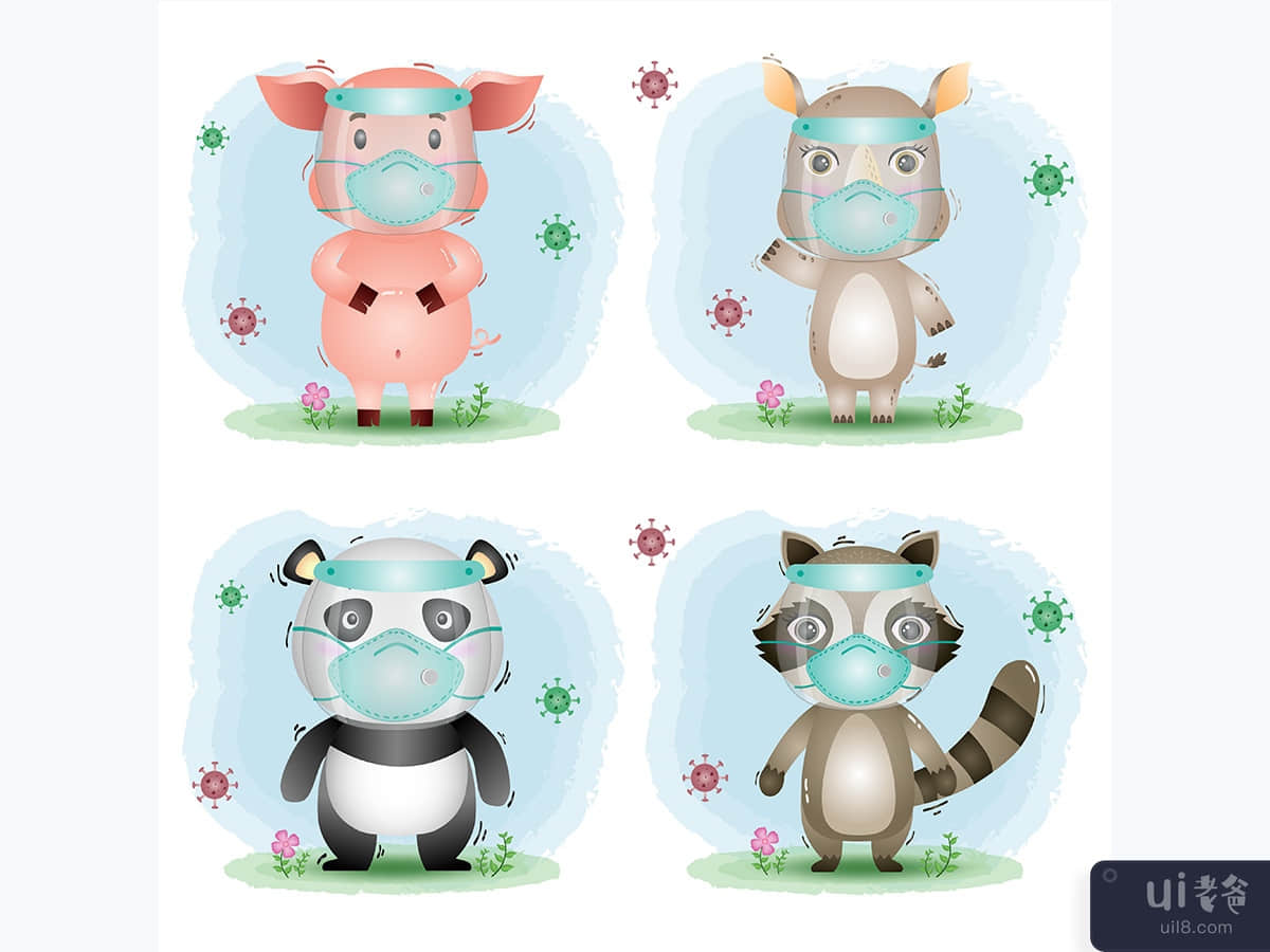 cute animal using face shield and mask : pig, rhino, panda and raccoon