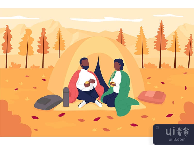 Couple camping in autumn flat color vector illustration