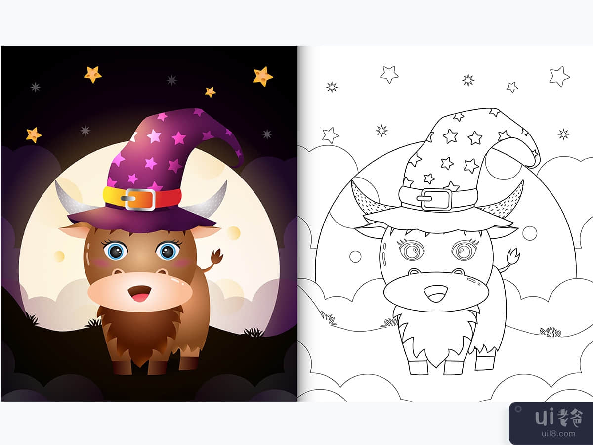 coloring book with a cute cartoon halloween witch buffalo front the moon