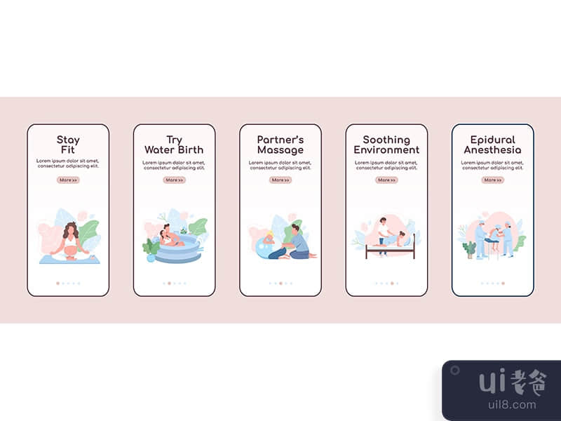 Alternative childbirth onboarding mobile app screen flat vector template