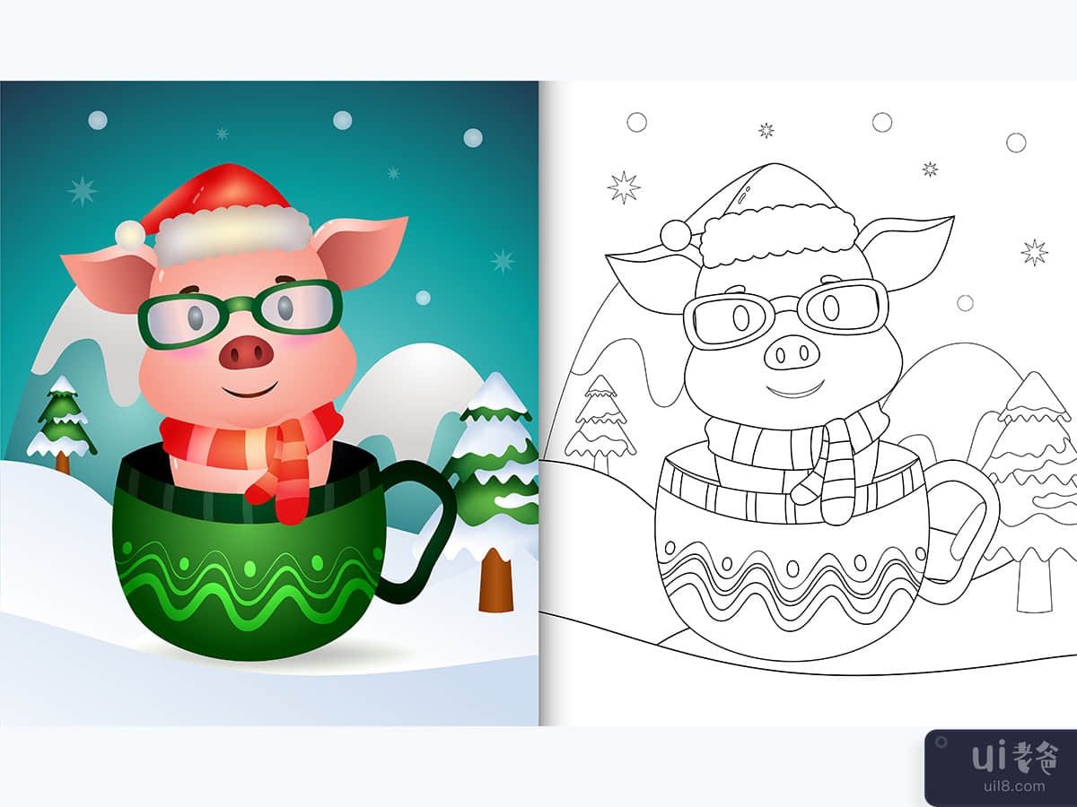 coloring book with a cute pig christmas characters  in the cup