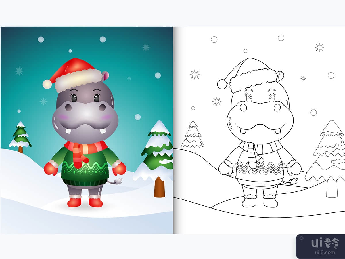 coloring book with a cute hippo christmas characters