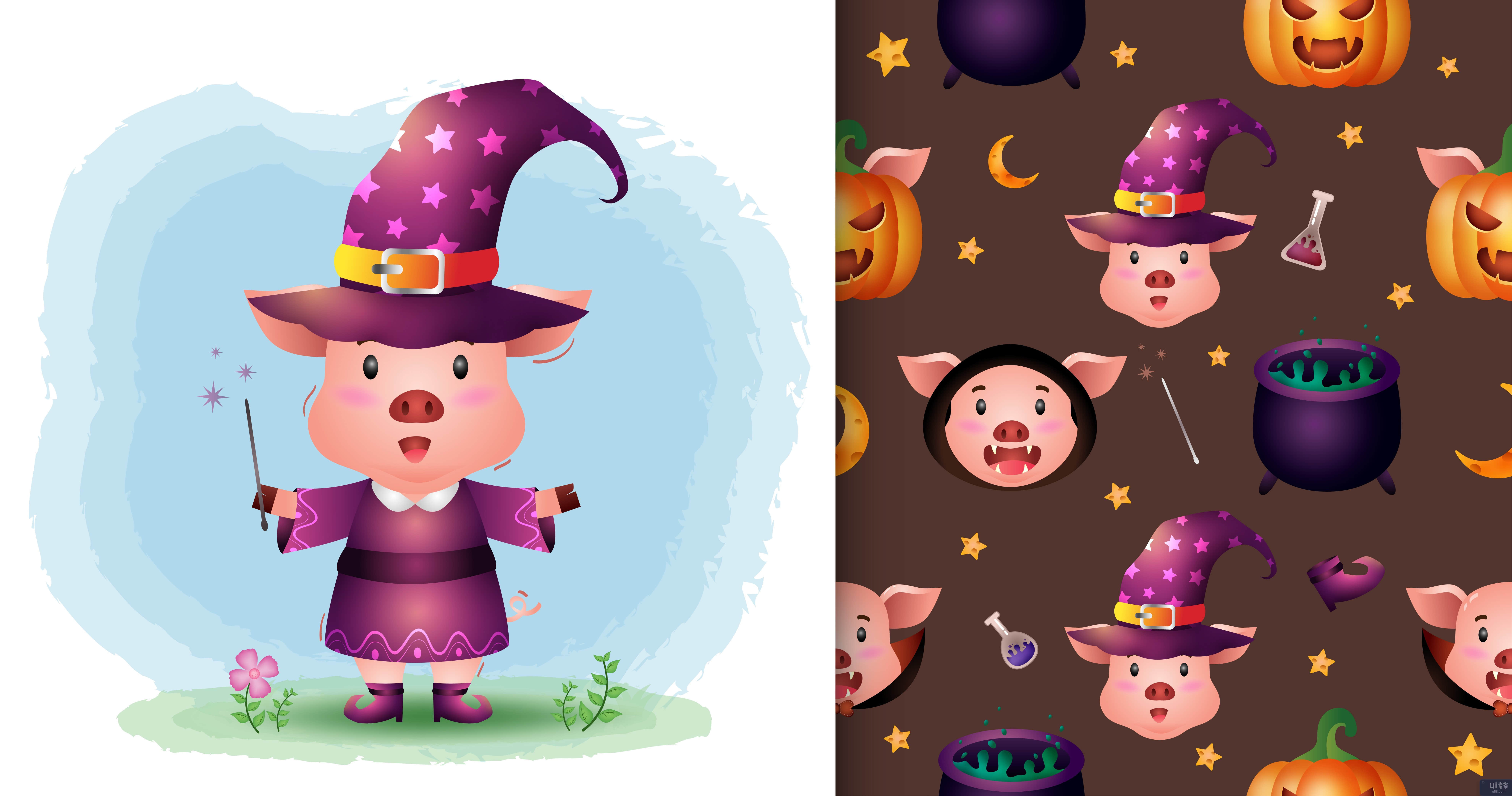 一只可爱的猪，带有万圣节服装无缝图案(a cute pig with costume halloween character seamless pattern)插图2