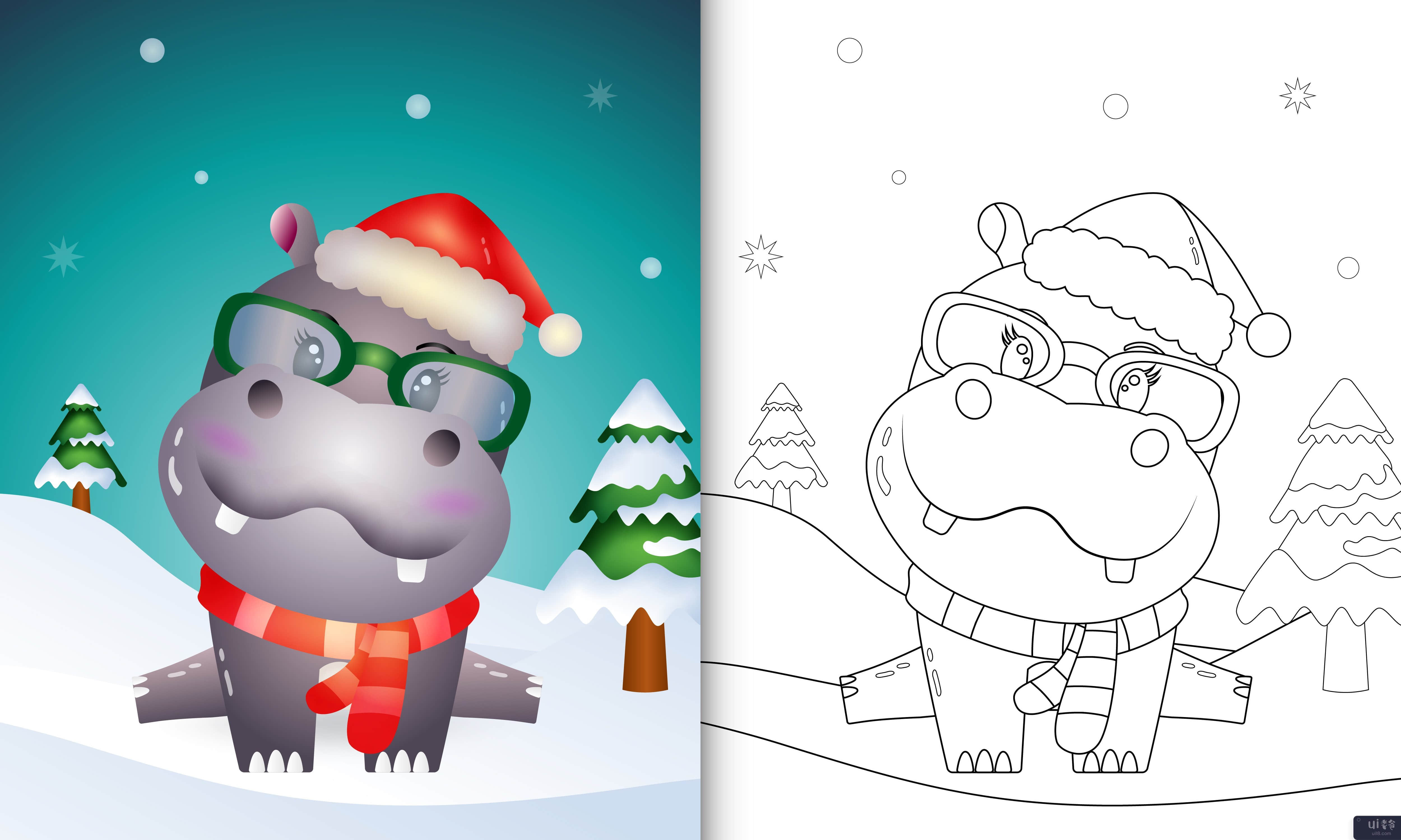 带有可爱河马圣诞人物的图画书(coloring book with a cute hippo christmas characters)插图2