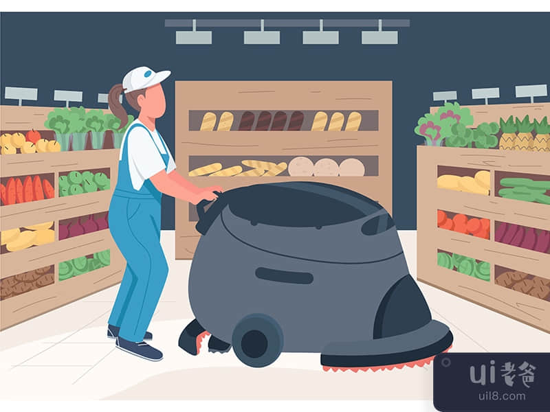 Cleaner in grocery store flat color vector illustration