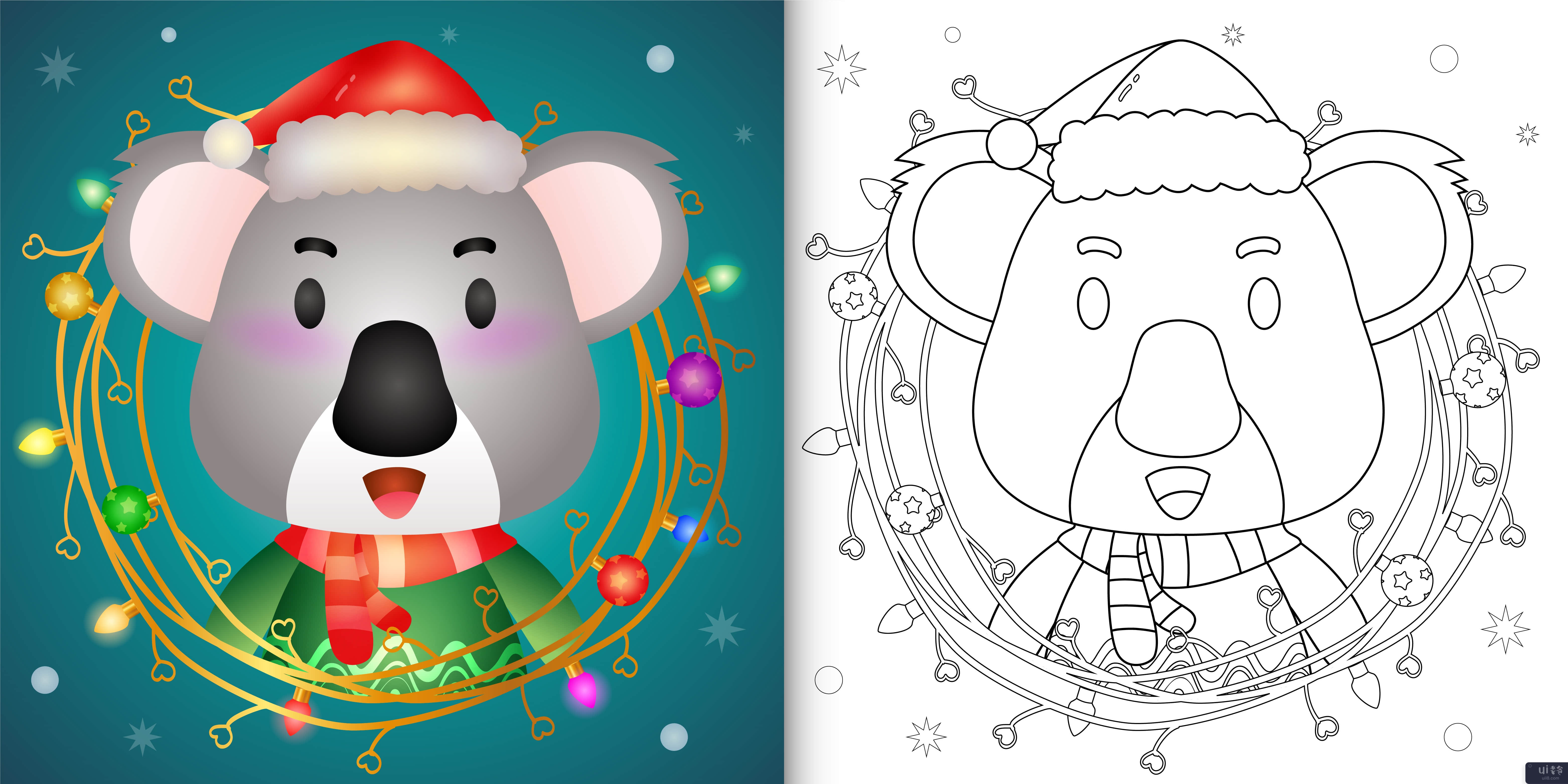 着色书与可爱的考拉与树枝装饰圣诞节(coloring book with a cute koala with twigs decoration christmas)插图2