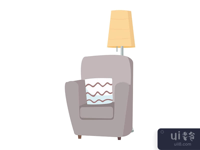 Comfortable armchair and floor lamp semi flat color vector object