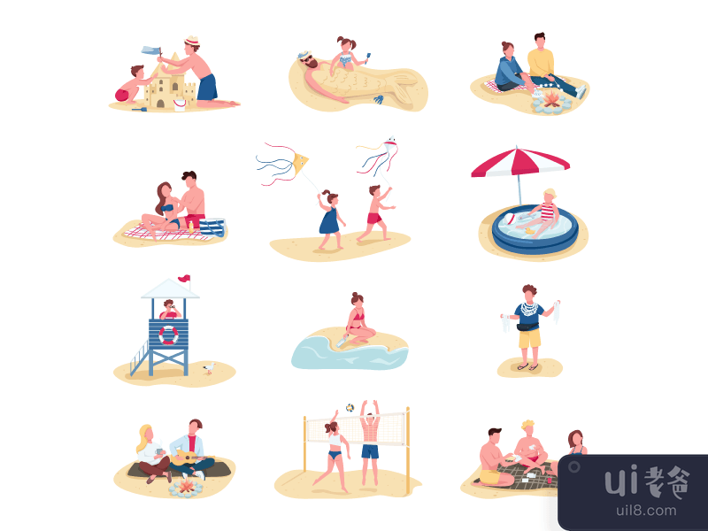 Beach activities flat color vector faceless characters set