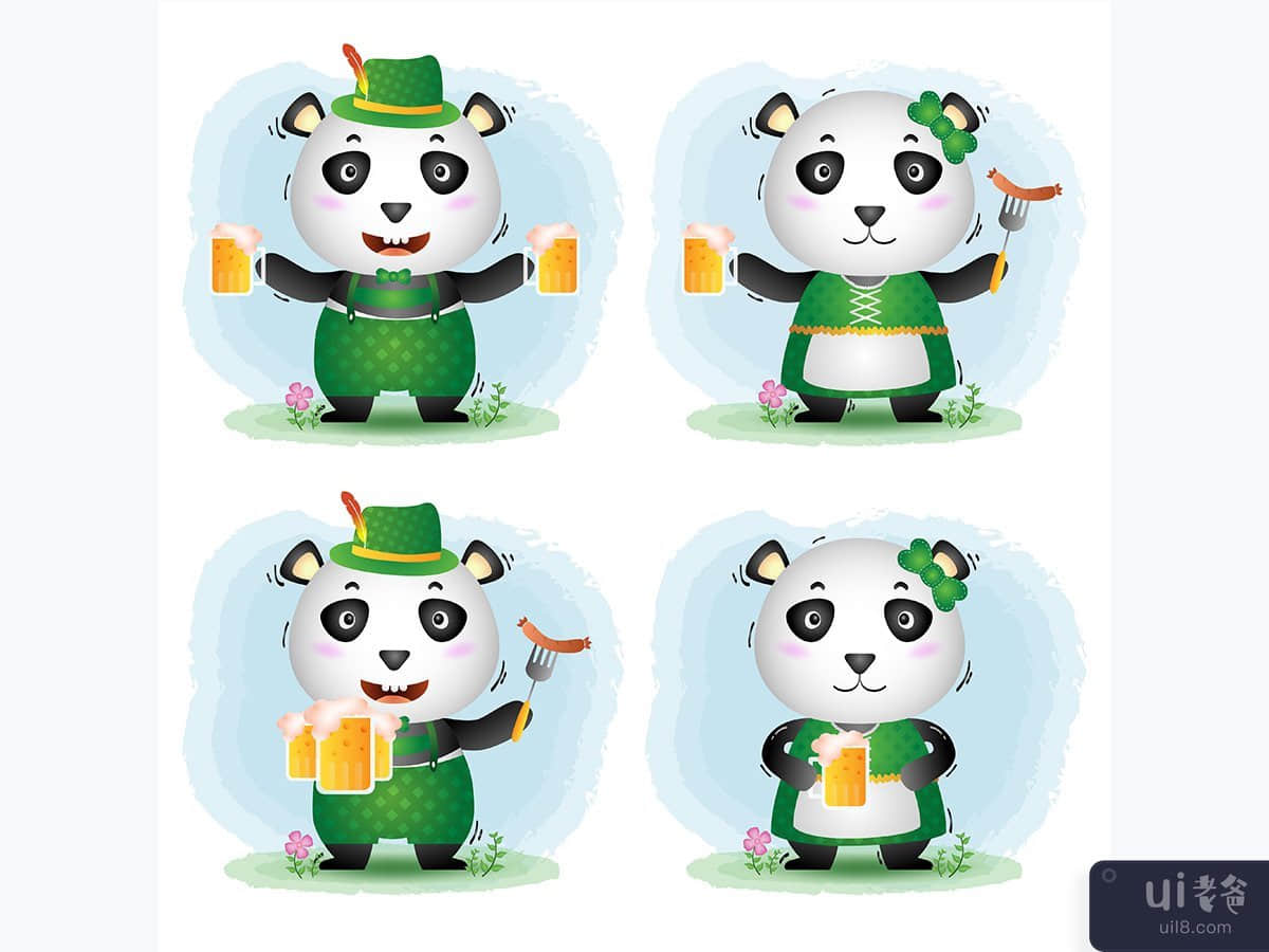 一对可爱的熊猫夫妇，穿着传统的慕尼黑啤酒节礼服(a cute panda couple with traditional oktoberfest dress)插图2