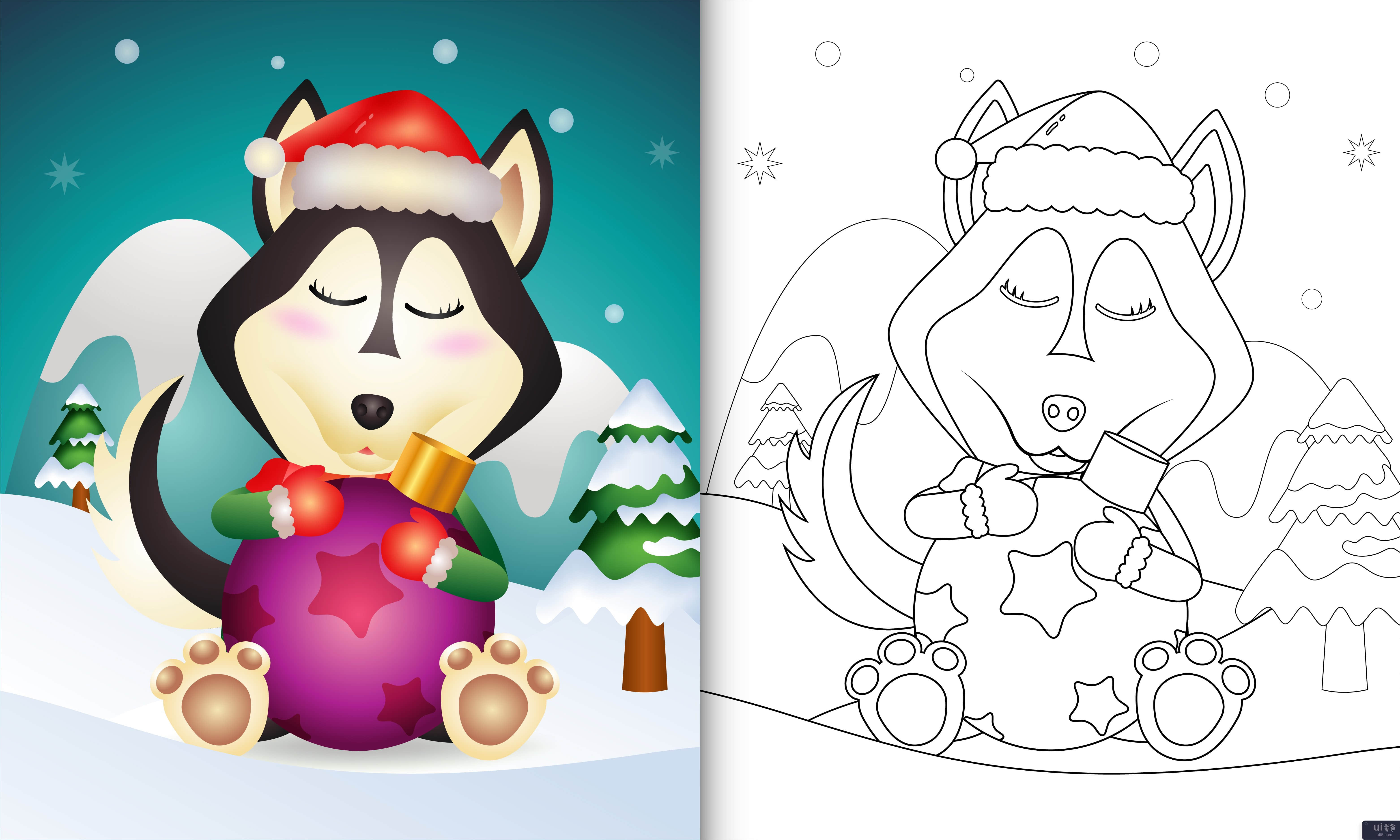 着色书与一只可爱的哈士奇狗拥抱圣诞球(coloring book with a cute husky dog hug christmas ball)插图2