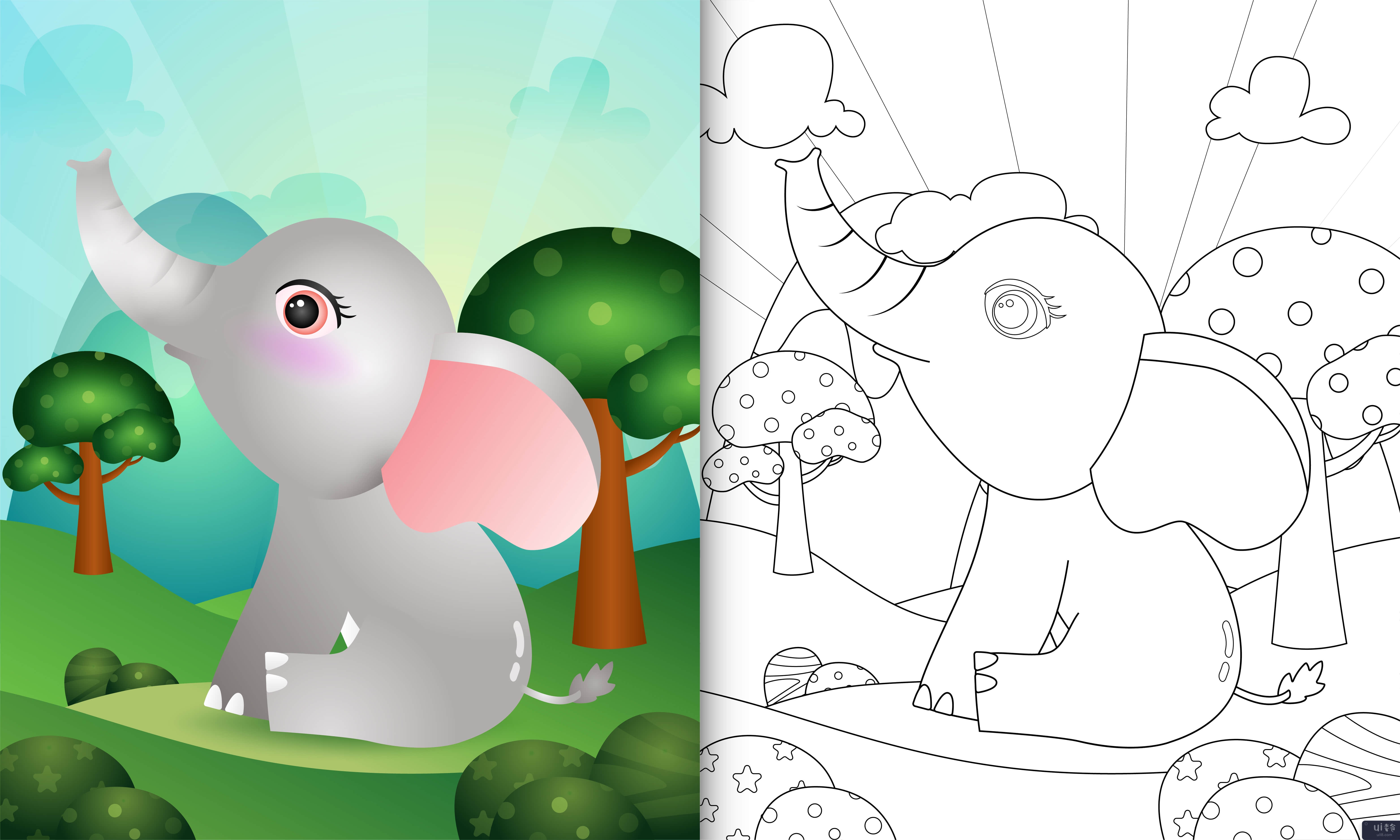 带有可爱大象角色插图的儿童着色书(coloring book for kids with a cute elephant character illustration)插图2