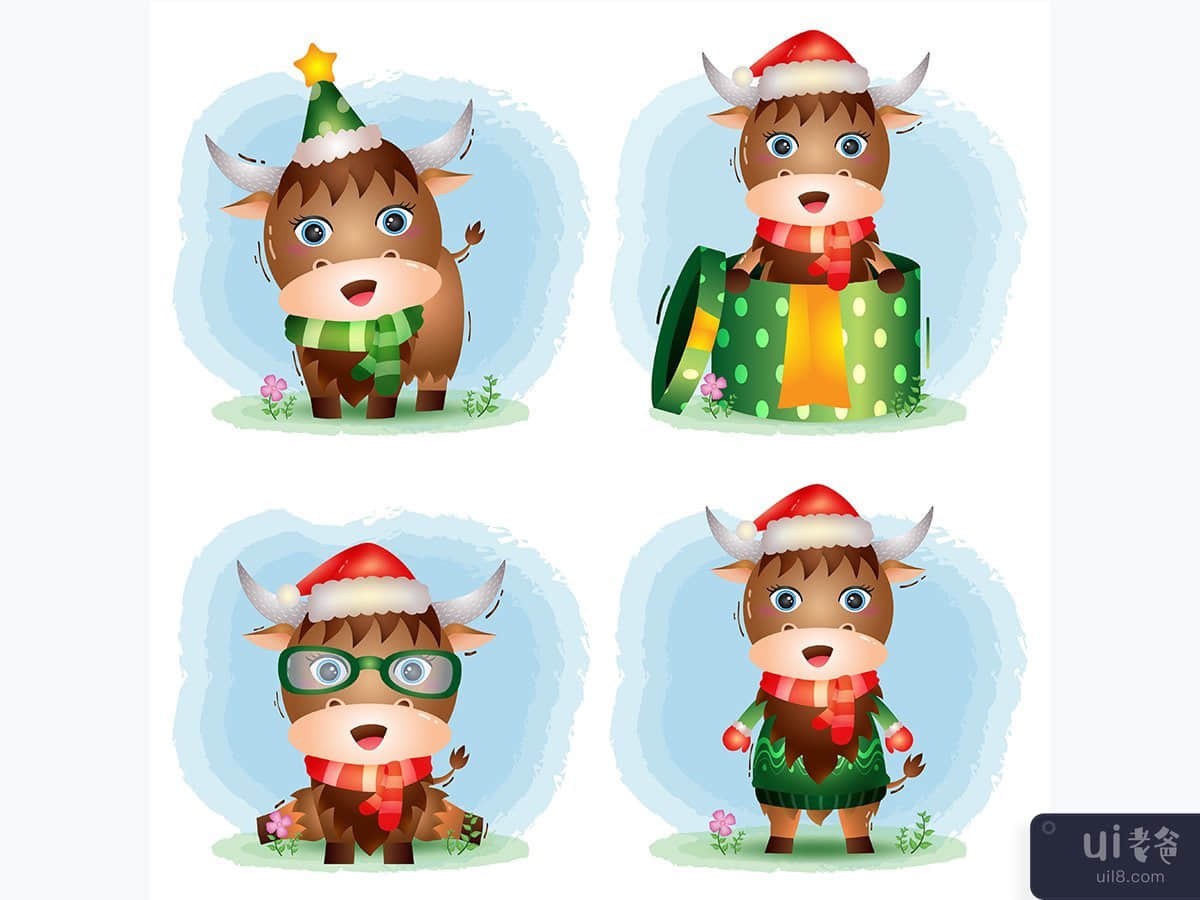 buffalo christmas characters collection with a hat, jacket, scarf and gift box