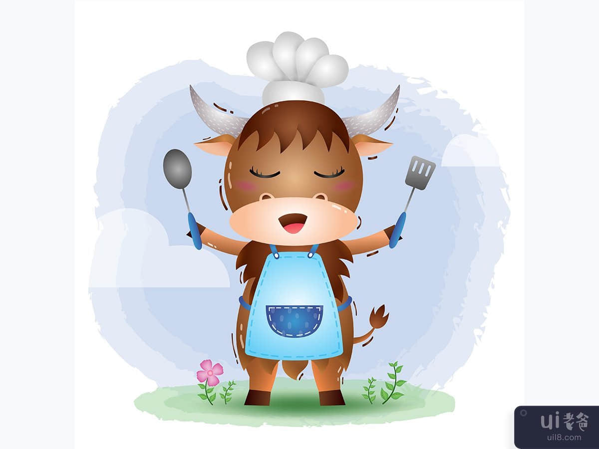 一个可爱的小水牛厨师(a cute little buffalo chef)插图2