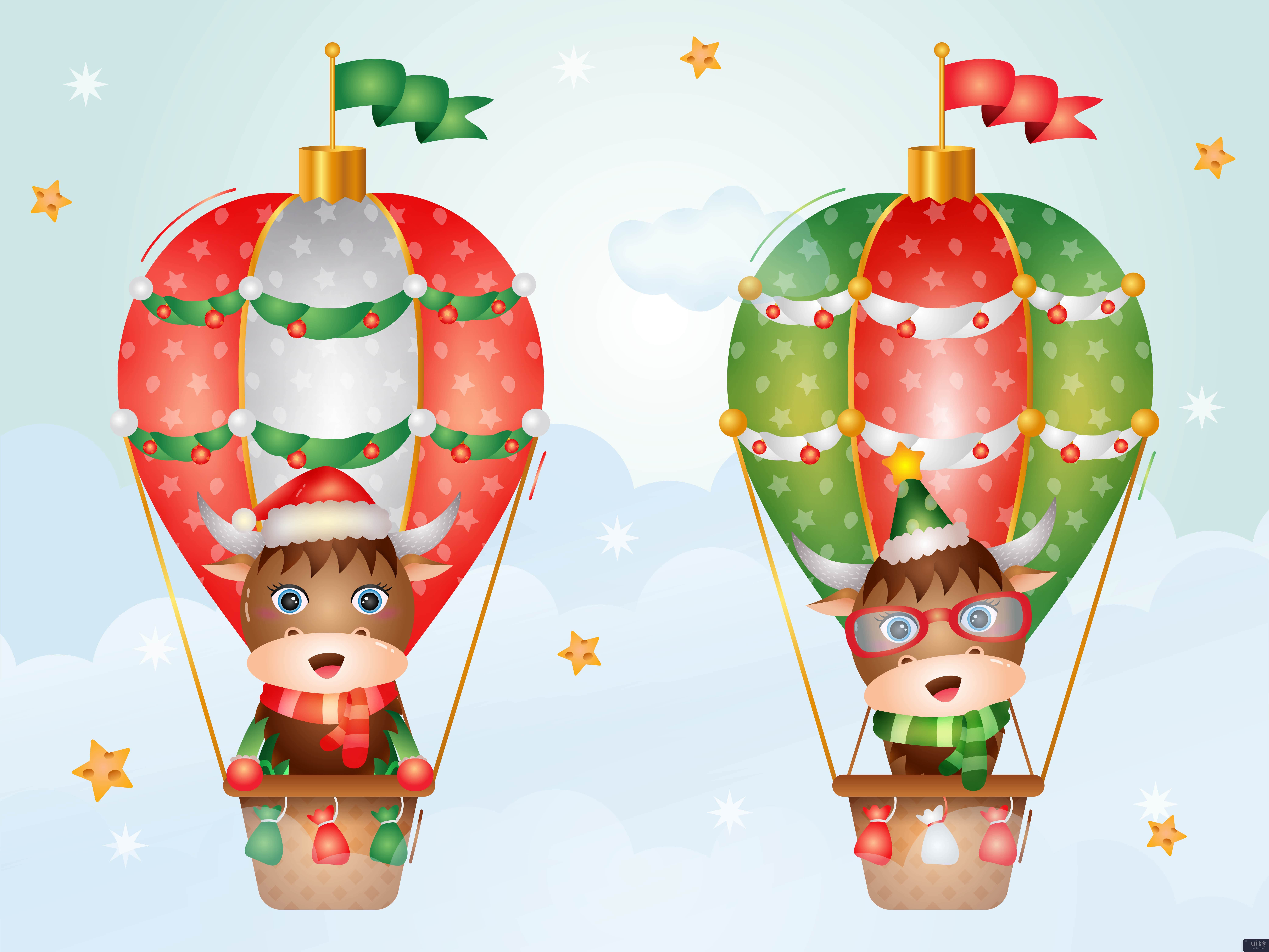 热气球上可爱的水牛圣诞人物(Cute buffalo christmas characters on hot air balloon)插图2