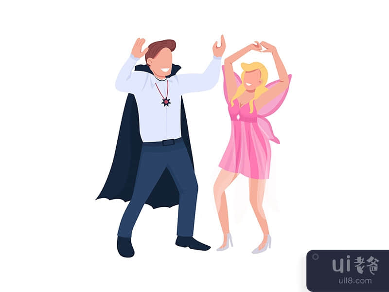 Couple in costumes dancing semi flat color vector characters