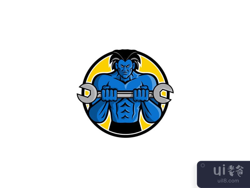 Blue Muscular Monster Wrench Mascot