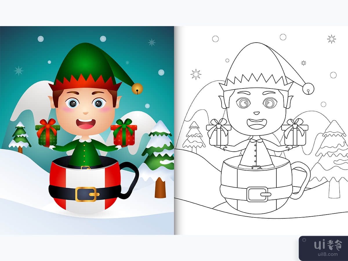 coloring book with a cute boy elf christmas characters in the cup santa