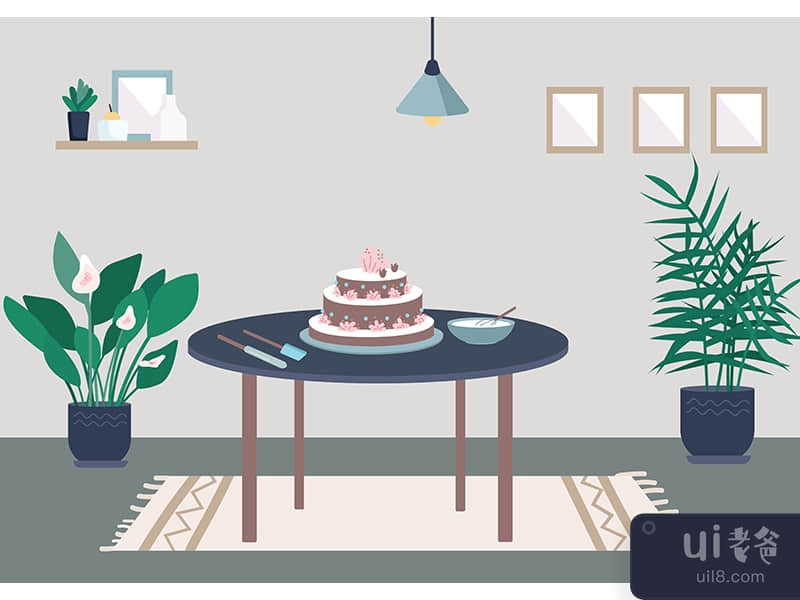 Baking birthday cake flat color vector illustration